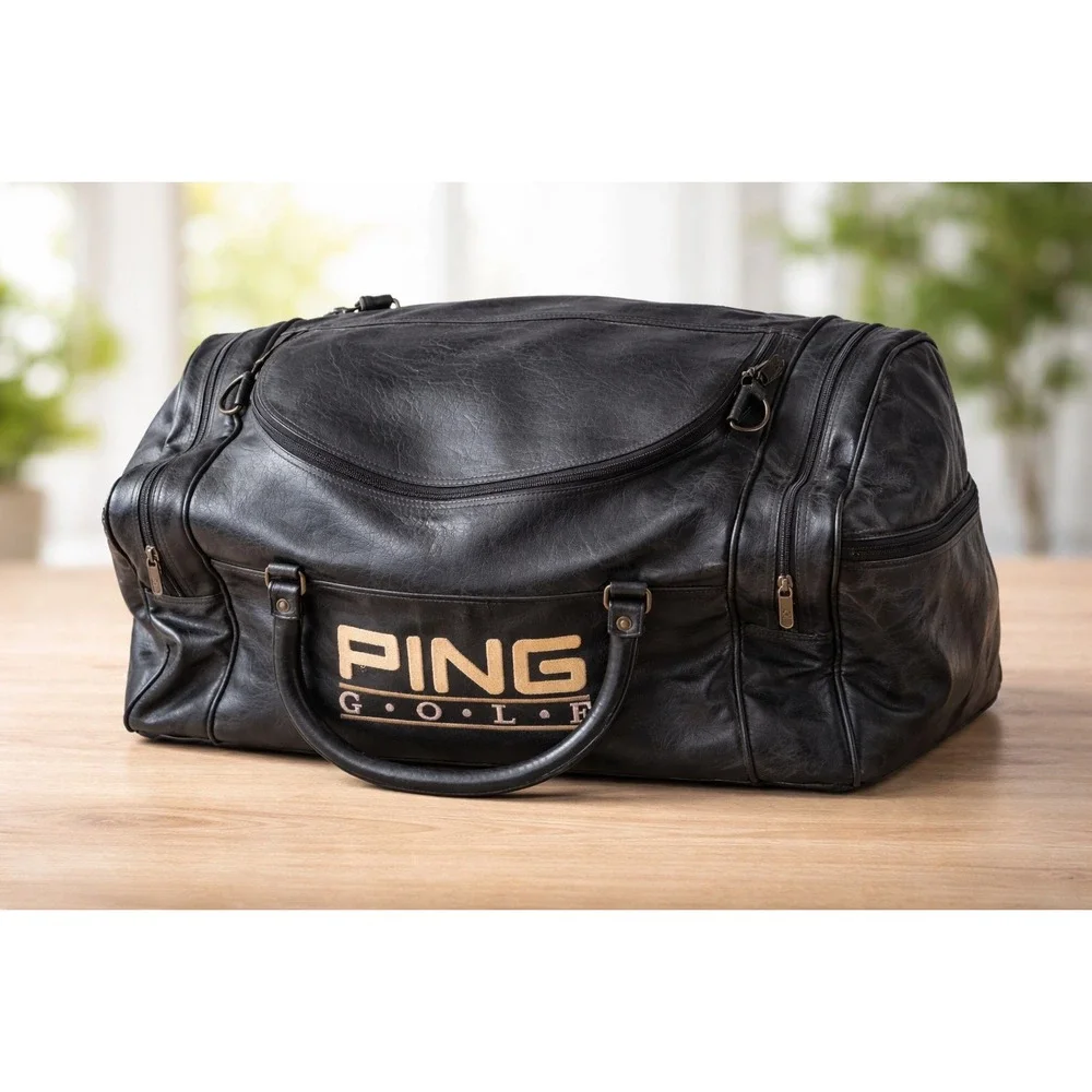 Vintage Ping Golf Vintage Black Leather Duffle Bag Travel Gym Sport Logo Large